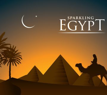 Silhouette of pyramids and camel at sunset in Egypt.