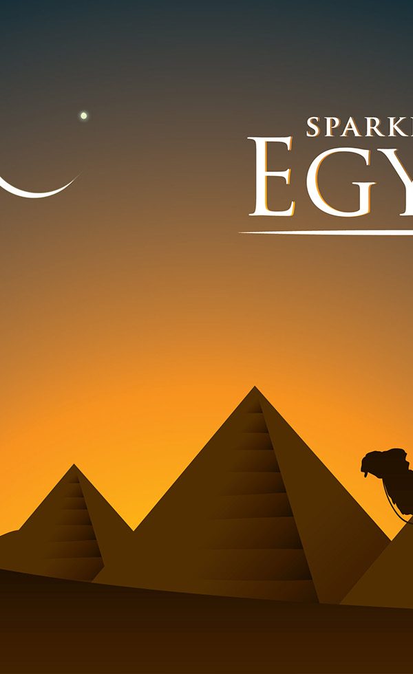 Silhouette of pyramids and camel at sunset in Egypt.
