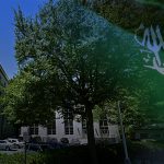 Saudi Arabian flag with a government building and trees