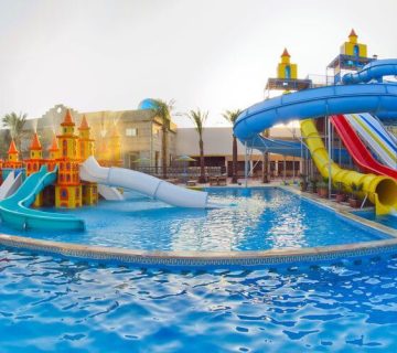 Colorful water park with slides and pools in Egypt