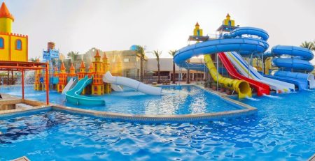 Colorful water park with slides and pools in Egypt
