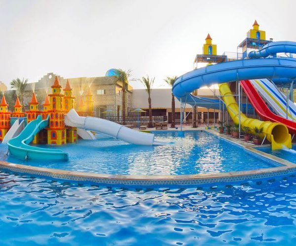 Colorful water park with slides and pools in Egypt