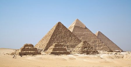 Giza Pyramids under clear blue sky, Egypt.