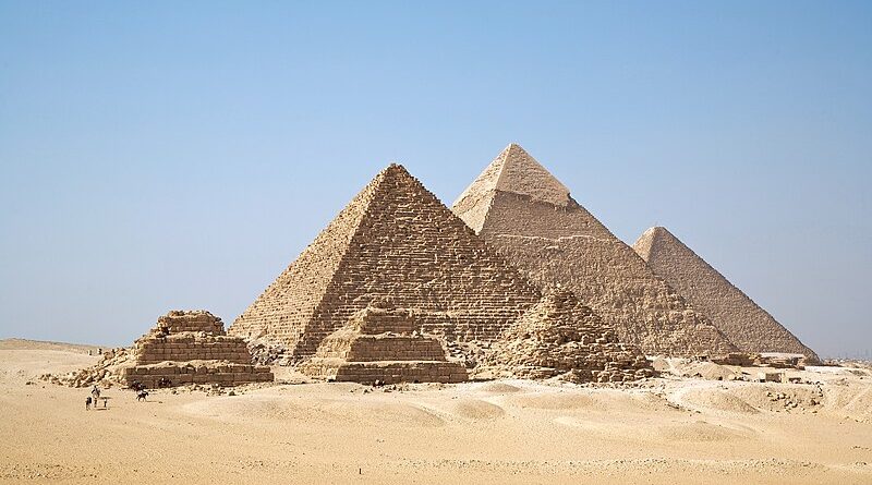Giza Pyramids under clear blue sky, Egypt.