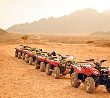 Row of ATVs in a desert landscape with mountains in the background.