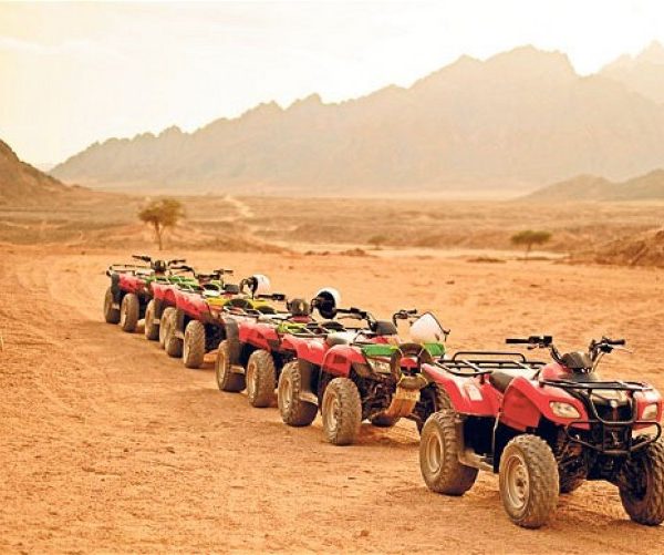 Row of ATVs in a desert landscape with mountains in the background.