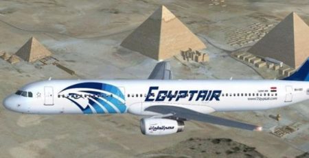 EgyptAir plane flying over the Pyramids of Giza