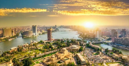 Cairo cityscape with Nile River at sunset