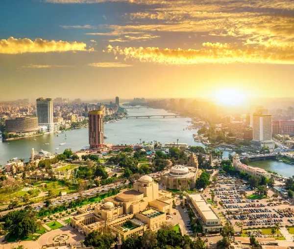 Cairo cityscape with Nile River at sunset
