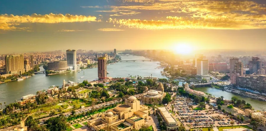 Cairo cityscape with Nile River at sunset