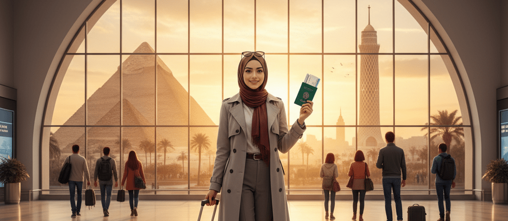 Woman at airport with suitcase and passport, pyramids and Cairo Tower in background.