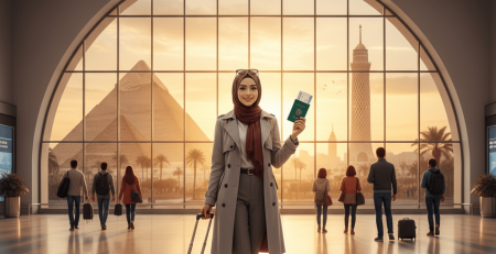 Woman at airport with suitcase and passport, pyramids and Cairo Tower in background.