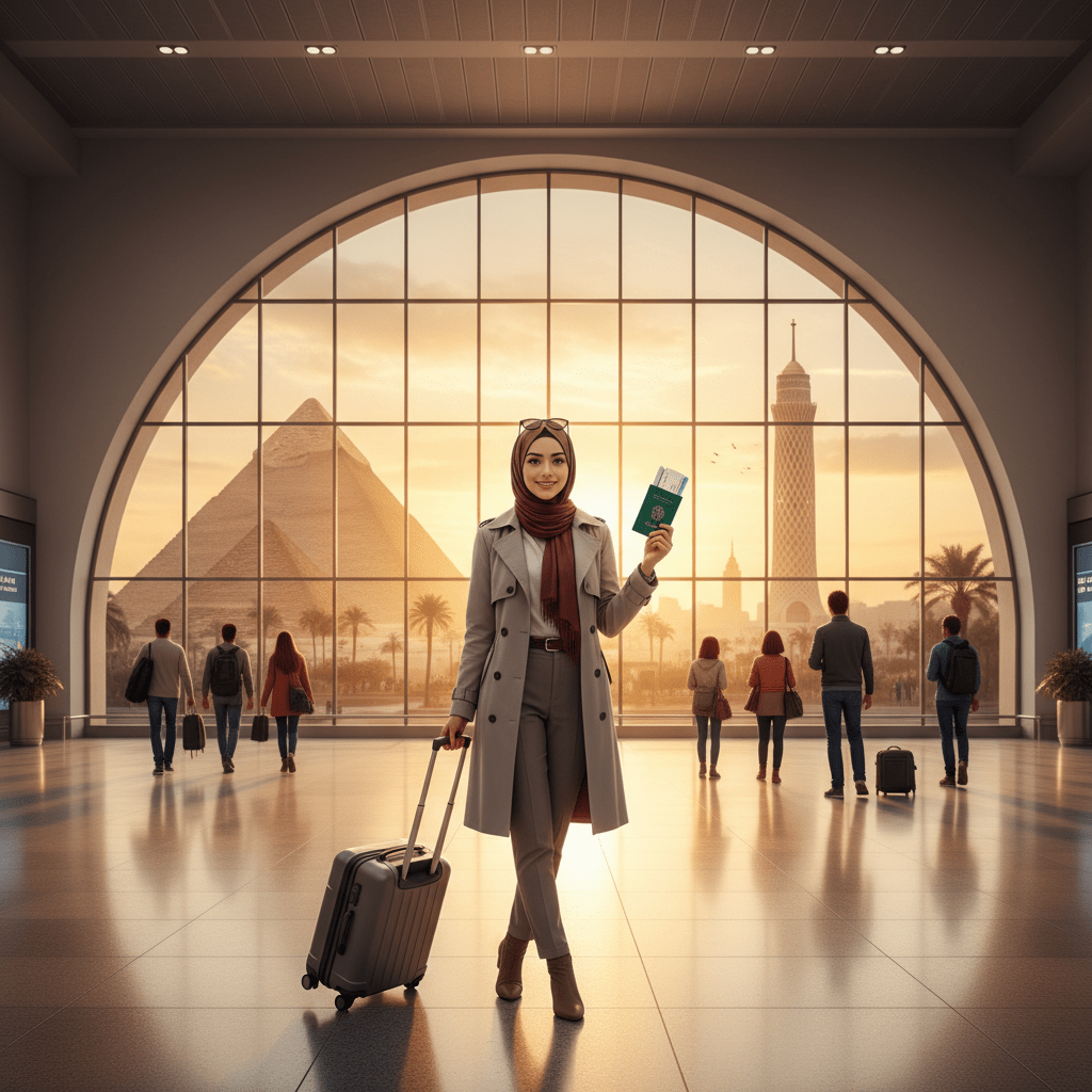 Woman at airport with suitcase and passport, pyramids and Cairo Tower in background.
